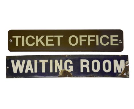 Two railway station enamel doorplate signs displaying 'TICKET OFFICE' and 'WAITING ROOM',the first cream lettering on a brown