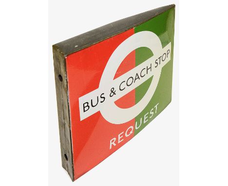 A London Transport enamel Bus &amp; Coach stop flag,request version,a 1950s/60s, a double sided 'boat' style flag with white 