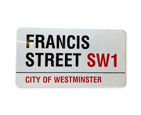 An enamelled iron street sign for Francis Street SW1, City of Westminster with iconic black and red sans serif lettering firs
