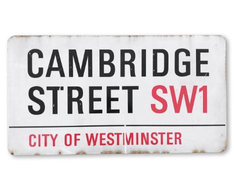 An enamelled iron street sign for Cambridge Street SW1, City of Westminster, with iconic and black and red sans serif letteri