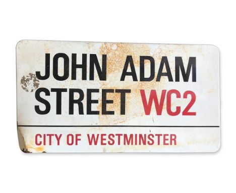 An enamelled iron street sign for John Adam Street WC2, City of Westminster with iconic black and red sans serif lettering fi