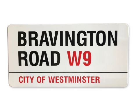 An enamelled iron street sign for Bravington Road W9City of Westminster with iconic black and red sans serif lettering first 