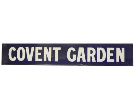 An early 20th century London Underground enamel station nameplate for Covent Garden,c.1900-1910, white lettering on a blue gr