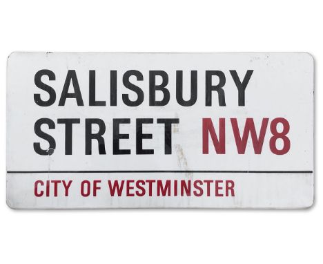 An enamelled iron street sign for Salisbury Street NW8, City of Westminster with iconic black and red sans serif lettering fi
