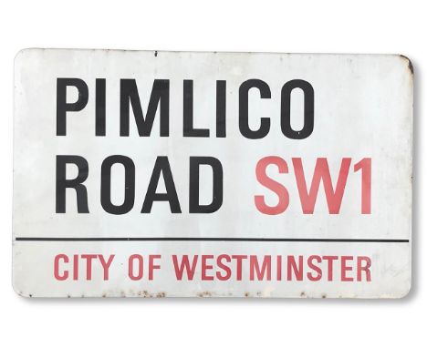 An enamelled iron street sign for Pimlico Road SW1, City of Westminster, with iconic and black and red sans serif lettering f