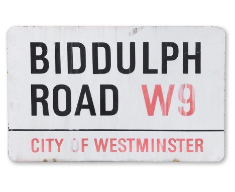An enamelled iron street sign for Biddulph Road W9, City of Westminster, with iconic black and red sans serif lettering first