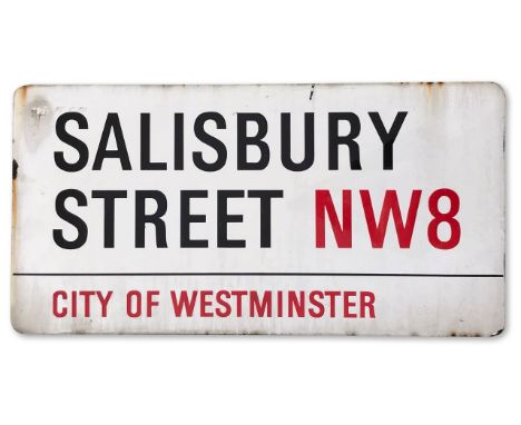 An enamelled iron street sign for Salisbury Street NW8, City of Westminster with iconic black and red sans serif lettering fi