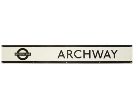 A London Underground enamel station frieze sign for Archway,black lettering on white ground with black edging and roundel wit