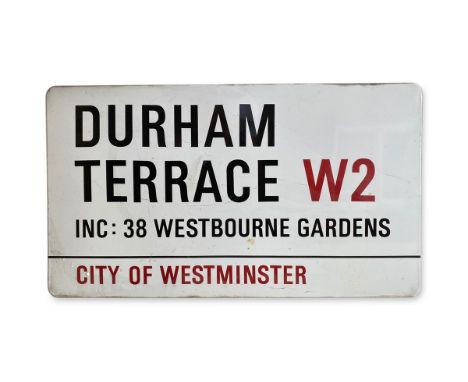 An enamelled iron street sign for Durham Terrace W2 inc. 38 Westbourne Gardens, City of Westminster with iconic black and red