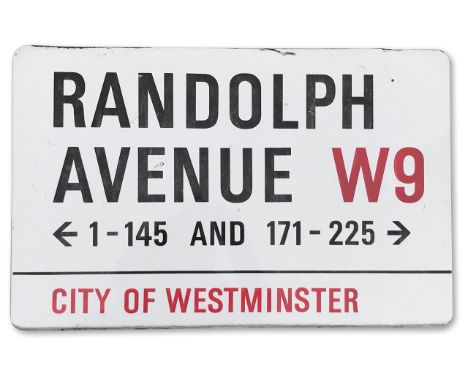 An enamelled iron street sign for Randolph Avenue W9 (1-145 and 171-225), City of Westminster with iconic black and red sans 