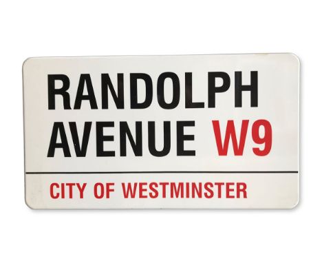 An enamelled iron street sign for Randolf Avenue W9City of Westminster with iconic black and red sans serif lettering first c