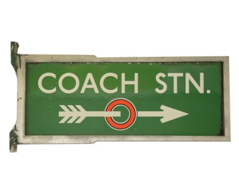 A c.1930s London Transport enamel direction sign displaying 'COACH STN.',a double sided signed with white lettering on green 