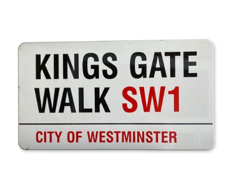 An enamelled iron street sign for Kings Gate Walk SW1, City of Westminster with iconic black and red sans serif lettering fir