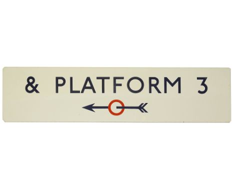 A London Underground enamel directional sign displaying '&amp; PLATFORM 3',with blue lettering on a white ground, a double-fl