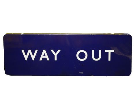 A BR(E) enamel sign displaying 'WAY OUT'with white lettering on a blue groundheight 30.5cm, width 91.4cmCondition: Some areas