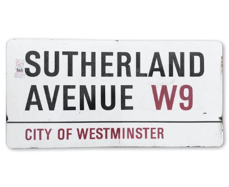 An enamelled iron street sign for Sutherland Avenue W9, City of Westminster, with iconic and black and red sans serif letteri