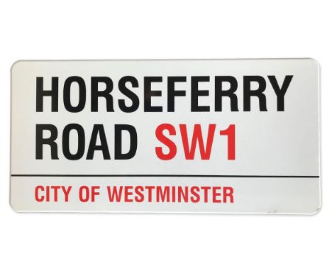 An enamelled iron street sign for Horseferry Road SW1, City of Westminster with iconic black and red sans serif lettering fir