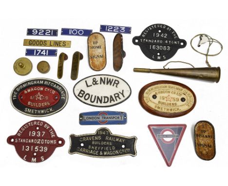 A quantity of railway related objects,including four cast iron wagon plates, a number of cast iron and brass signal box lever