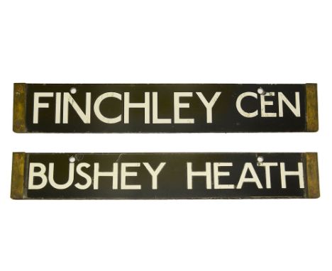 A London Underground 1938 Tube Stock enamel cab destination plate for FINCHLEY CEN / BUSHEY HEATH,with white lettering on a b