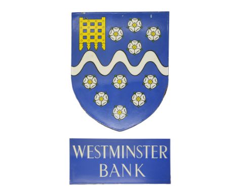 A Westminster Bank enamel coat of arms and nameplate sign,would have formerly been mounted together in a frame, (2)nameplate 