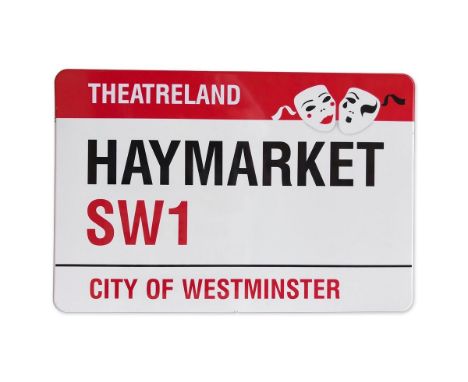 An enamelled iron street sign for Haymarket SW1 Theatreland, City of Westminster with iconic black and red sans serif letteri