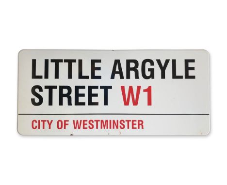 An enamelled iron street sign for Little Argyle Street W1, City of Westminster with iconic black and red sans serif lettering