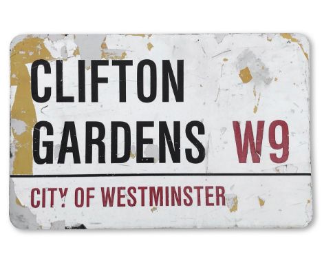 An aluminium sheet sign for Clifton Gardens W9, City of Westminster, with iconic and black and red sans serif lettering first
