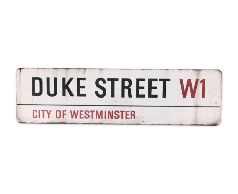 An enamelled iron street sign for Duke Street W1, City of Westminster with iconic black and red sans serif lettering first cr