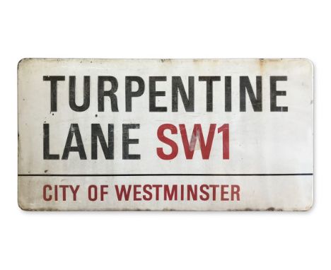 An enamelled iron street sign for Turpentine Lane SW1, City of Westminster with iconic black and red sans serif lettering fir