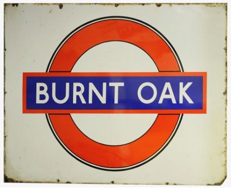 A large London Underground enamel station sign for Burnt Oak,mid-20th century, with outlined roundel on white ground, height 