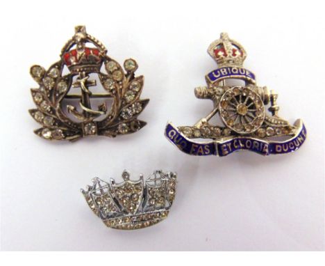 A PASTE AND ENAMEL ROYAL NAVY SWEETHEART BROOCH a paste set Naval Crown brooch; and a Royal Artillery Regiment paste and enam