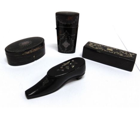 A TORTOISESHELL AND PIQUE WORK SNUFF BOX of oval form 7cm wide, another similar rectangular box, an etui case (lacking base) 