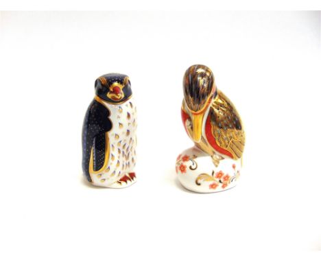 TWO ROYAL CROWN DERBY IMARI PAPERWEIGHTS:  a Kingfisher 12cm high, and a Rockhopper penguin, 11.5cm high