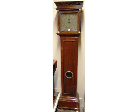 AN OAK LONGCASE CLOCK the 10' brass dial with single hand and calendar aperture, signed 'Wm. Wilkins Devizes', the oak case w