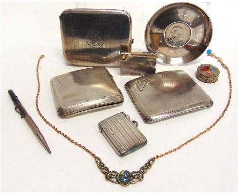 A SILVER DISH set with a Churchill commemorative crown coin; three silver cigarette cases; a silver vesta case; a lighter wit