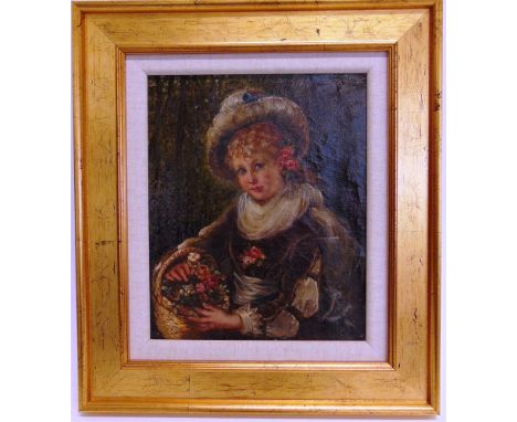 KATE GREEN (BRITISH, LATE 19TH CENTURY)  Portrait of a Girl with a Basket of Flowers,  oil on canvas, signed and dated '1877'