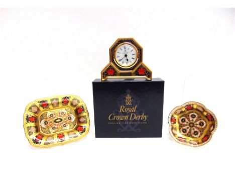 THREE ROYAL CROWN DERBY 'OLD IMARI' ITEMS:  a clock 13.5cm wide, a rectangular pin dish and a circular pin dish (3)