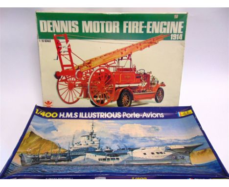 SEVEN UNMADE PLASTIC KITS  comprising a 1/16 scale Bandai Dennis Motor Fire Engine, boxed; 1/400 Heller H.M.S. Illustrious, b