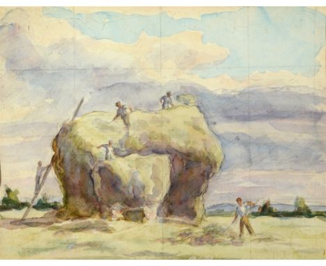 ATTRIBUTED TO SIR FRANK BRANGWYN (BRITISH, 1867-1956)  Building the Haystack,  watercolour, unsigned, 33cm x 43cm, with an in