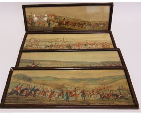 A SET OF FOUR CLOUR HUNTING PRINTS two titled on the reverse, 'The Meeting, Kirby Gate' and 'Breaking cover, Billesdon, Coplo