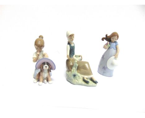 THREE LLADRO FIGURES:  'Little Violet', 17cm high; 'Doncella con Polomo' [Sheperdess with Dove], 17.5cm high; and 'An Elegant