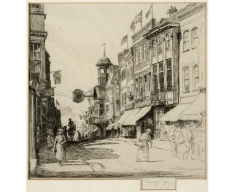 GEORGE SOPER (BRITISH, 1870-1942)  High Street, Guildford,  etching, signed lower right, 18cm x 18cm; together with another e