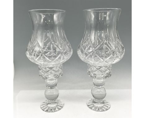 Clear crystal glass globe with crosshatch cut design. Pillar base has similar cuts with ball accents. Block acid mark. Issued