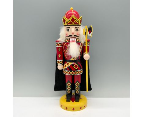A soldier in striking red, yellow, and black attire, draped in a black velvet cape, wielding an axe. China origin sticker. Di