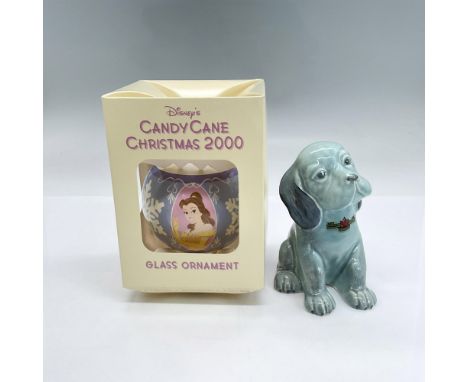 Disney Candy Cane Christmas 2000 glass ornament featuring Snow White, Cinderella and Belle in blue coloration, 3.75"H x 3.25"