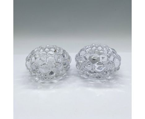 A set of 2 clear votive candle holders in a bubble fruit form. Orrefors marked. This item has its original box: 4.75"L x 4.75