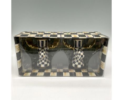 New, in original packaging pair of moose heads decorated with MacKenzie's statement checker design with antlers that are gold