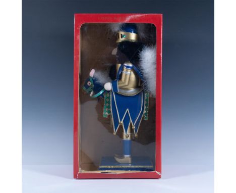 Hand painted nutcracker depicted as a knight in blue and gilded armor, with his horse adorned in bells. Lord &amp; Taylor mar