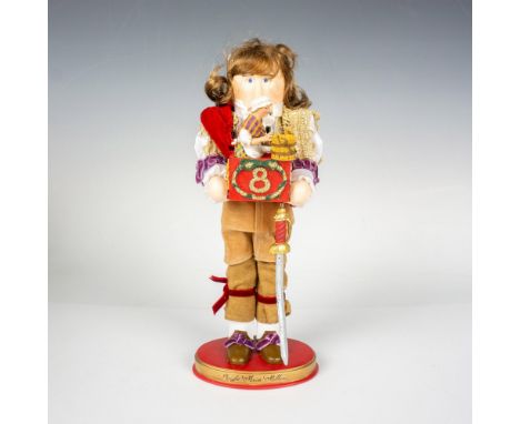 Handcrafted and hand painted Christmas figure. Depicts King James II, reign from 1685-1688, holding a box for Eight Maids Mil