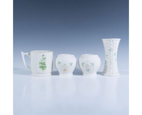 Lot includes Belleek bud vase with lattice and shamrock design 5.5"H, Irish Parian coffee cup with lattice and clover design 